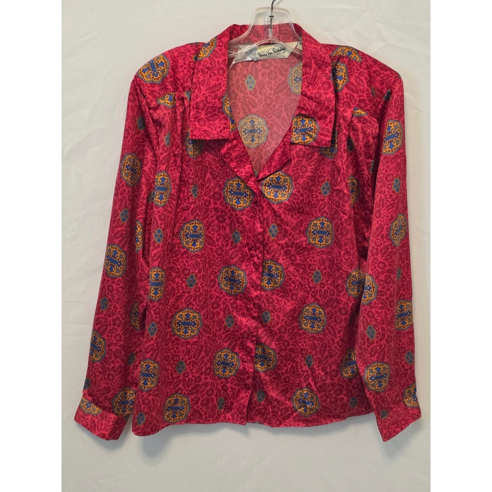 Vintage Diane von Furstenberg Red Size 14 Medallion Floral Blouse Shoulder Pads